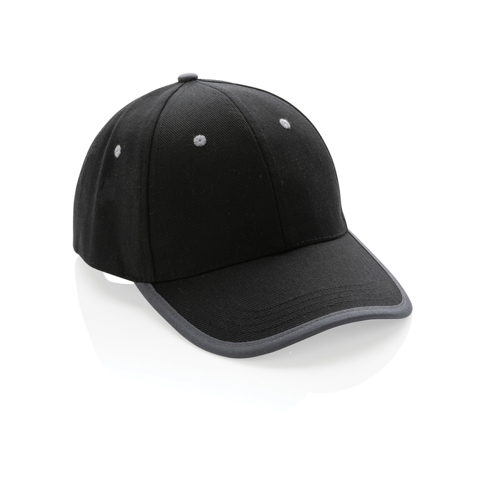 Impact AWARE™ 6 panel 280gr recycled katoen cap met bies - zwart (± PMS Black)